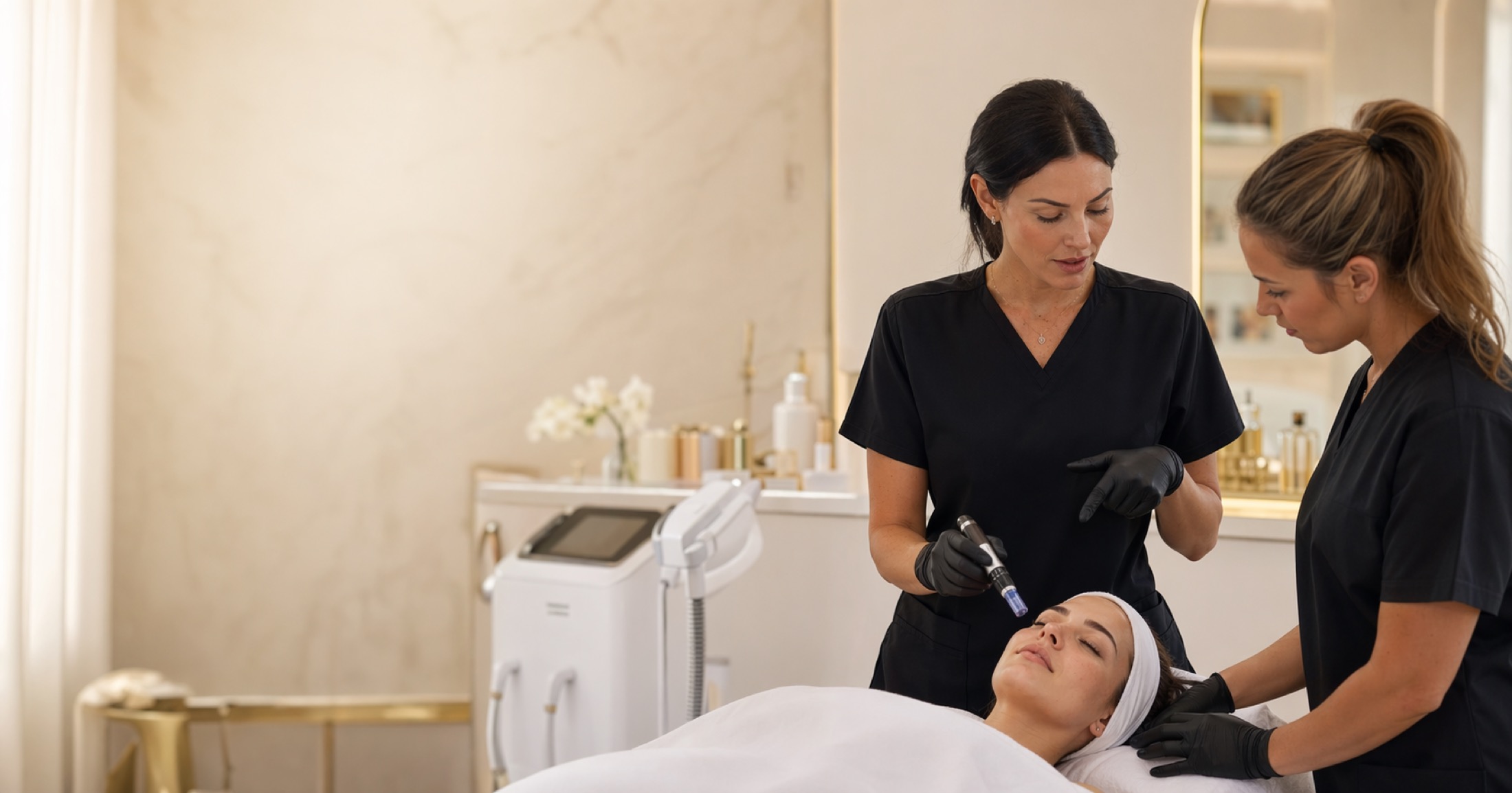 Rose Skin Academy educator guiding a student during practical treatment training
